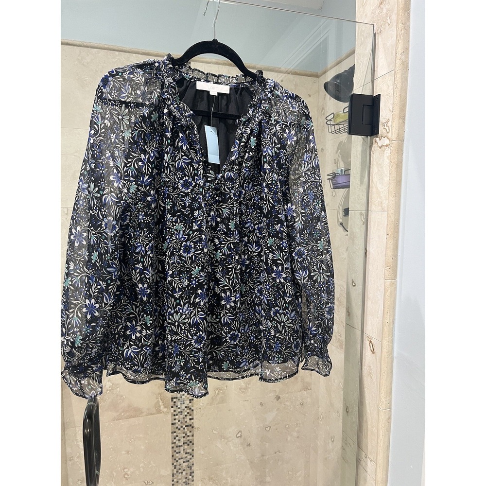 Loft Outlet Floral Ruffle V-Neck Blouse Black Blue Metallic Shimmer LP Petite